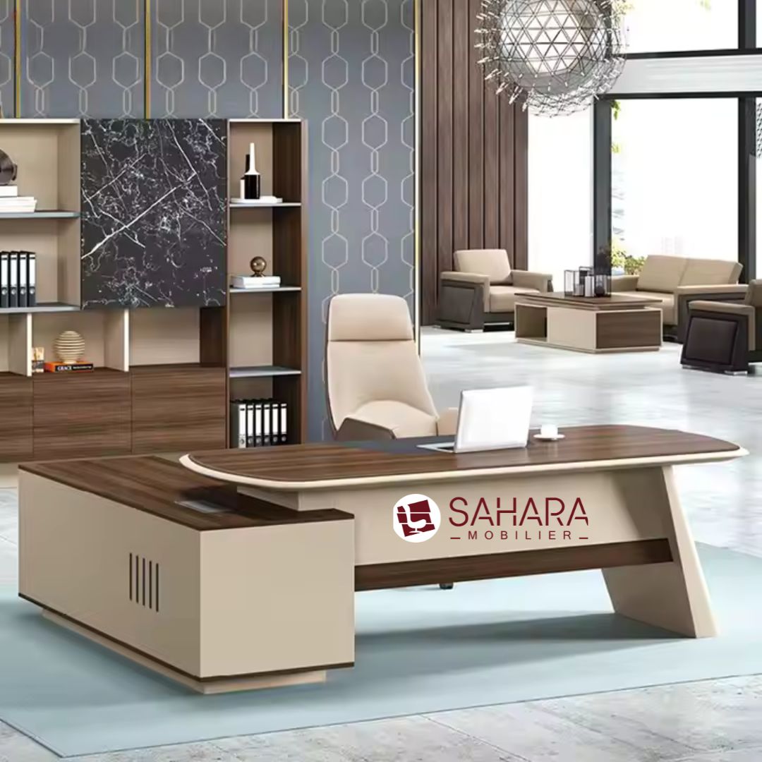 Bureau de direction avec retour côté droit et des passe câble sur le bureau